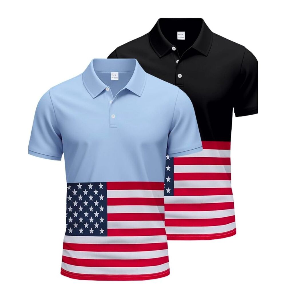 Men's Polo Shirts 2 Pack US Flag Short Sleeve Golf Shirts Moisture Wicking, 2XL